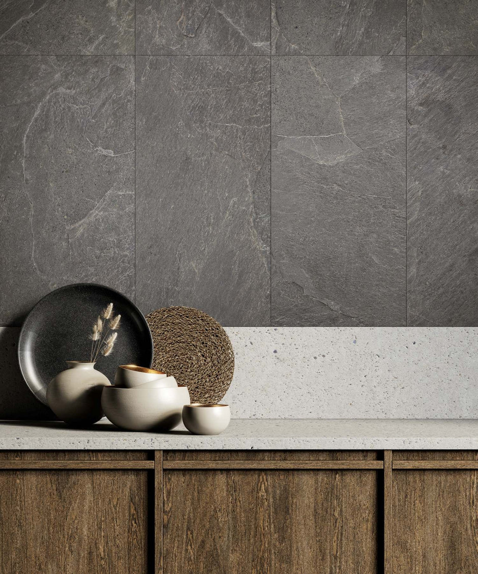 Genesis Storm Charcoal Matt Stone Look Porcelain Tiles 600x1200mm in a room setting