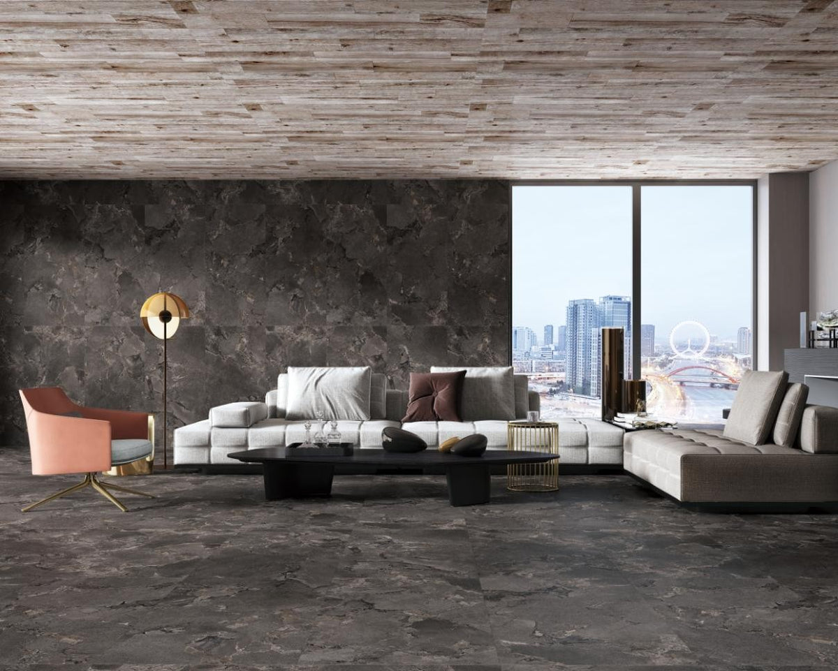 Geo Stone Black Matt Stone Look Porcelain Tiles 600x600mm in a room setting
