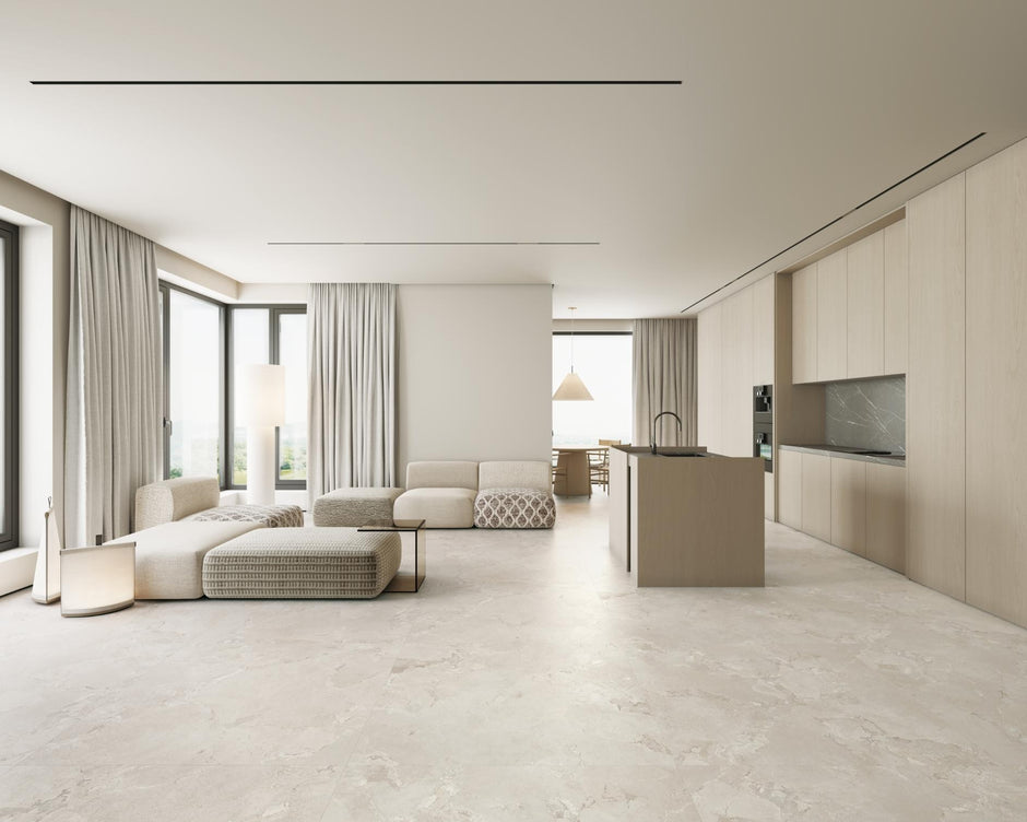 Geo Stone Chalk Matt Stone Look Porcelain Tiles in a room setting