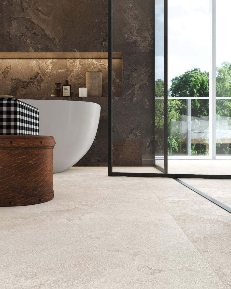 Geo Stone Grigio Matt Stone Look Porcelain Tiles 600x1200mm in a room setting