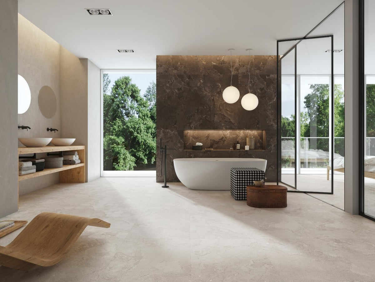 Geo Stone Grigio Matt Stone Look Porcelain Tiles 600x1200mm in a room setting