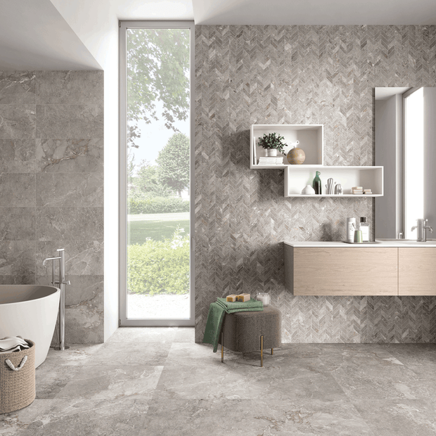 Stoneage Savoir Blue 3D Porcelain Tiles in a room setting