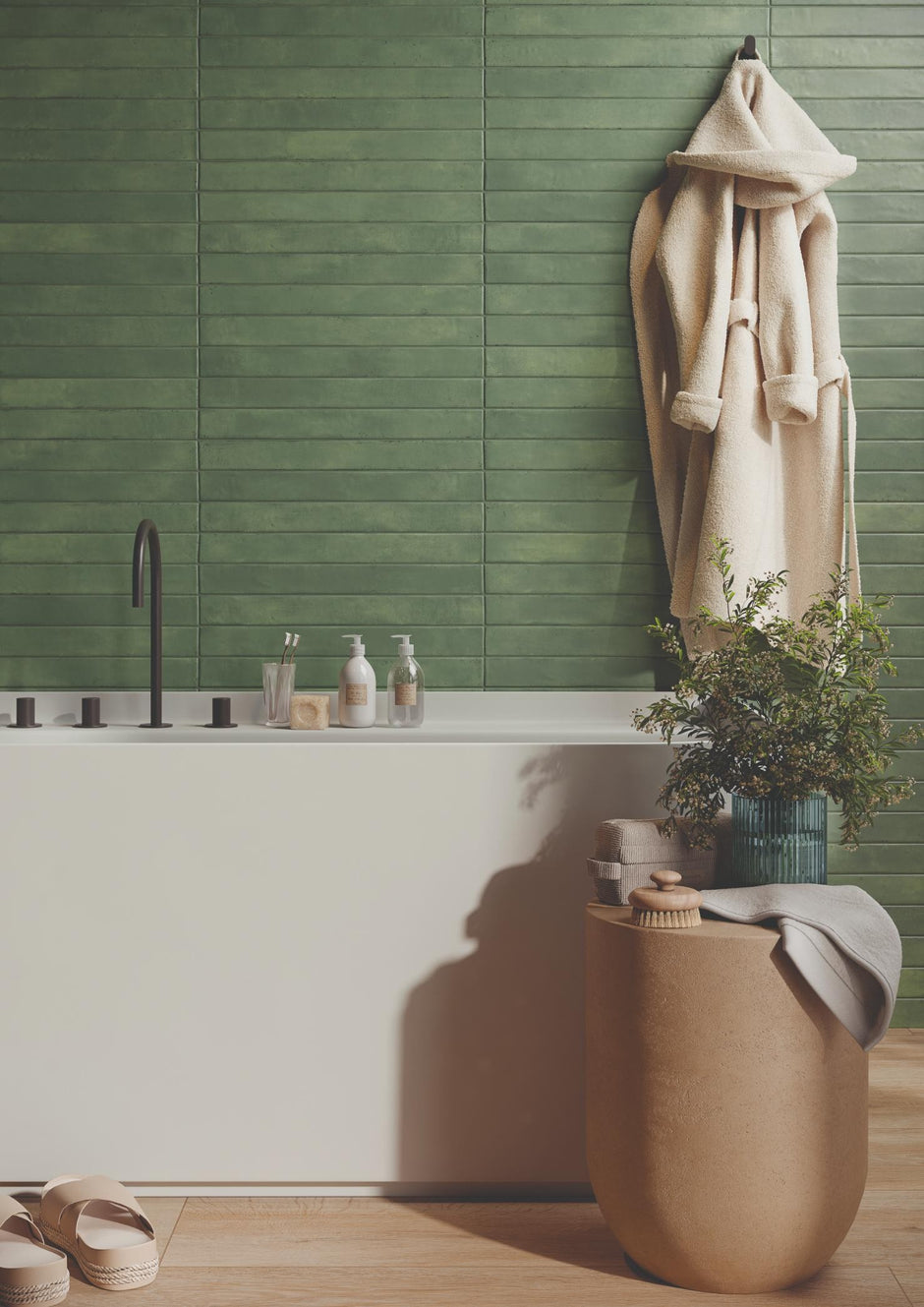 Graffiti Green Satin Porcelain Subway Tiles in a room setting