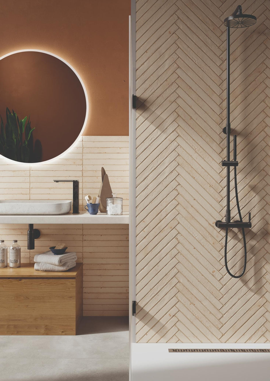 Graffiti Ivory Satin Porcelain Subway Tiles in a room setting