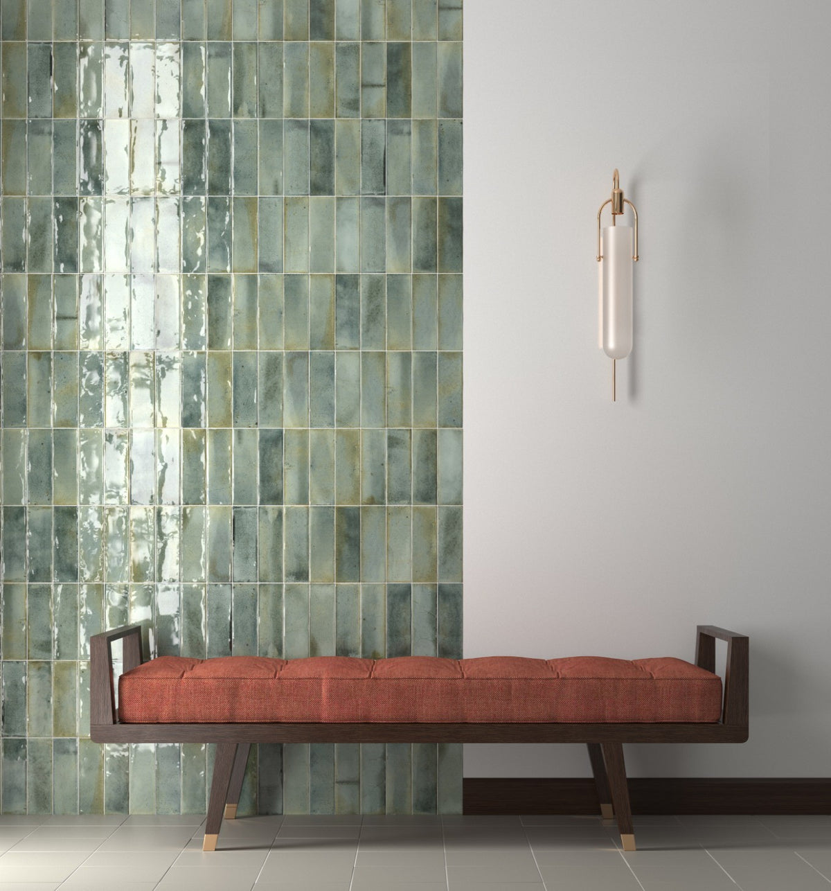 Hanoi Celadon Gloss Ceramic Subway Tiles 65x200mm in a room setting