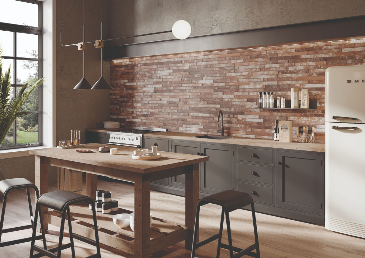 Harlem Red Brick Matt Porcelain Subway Tiles in a room setting