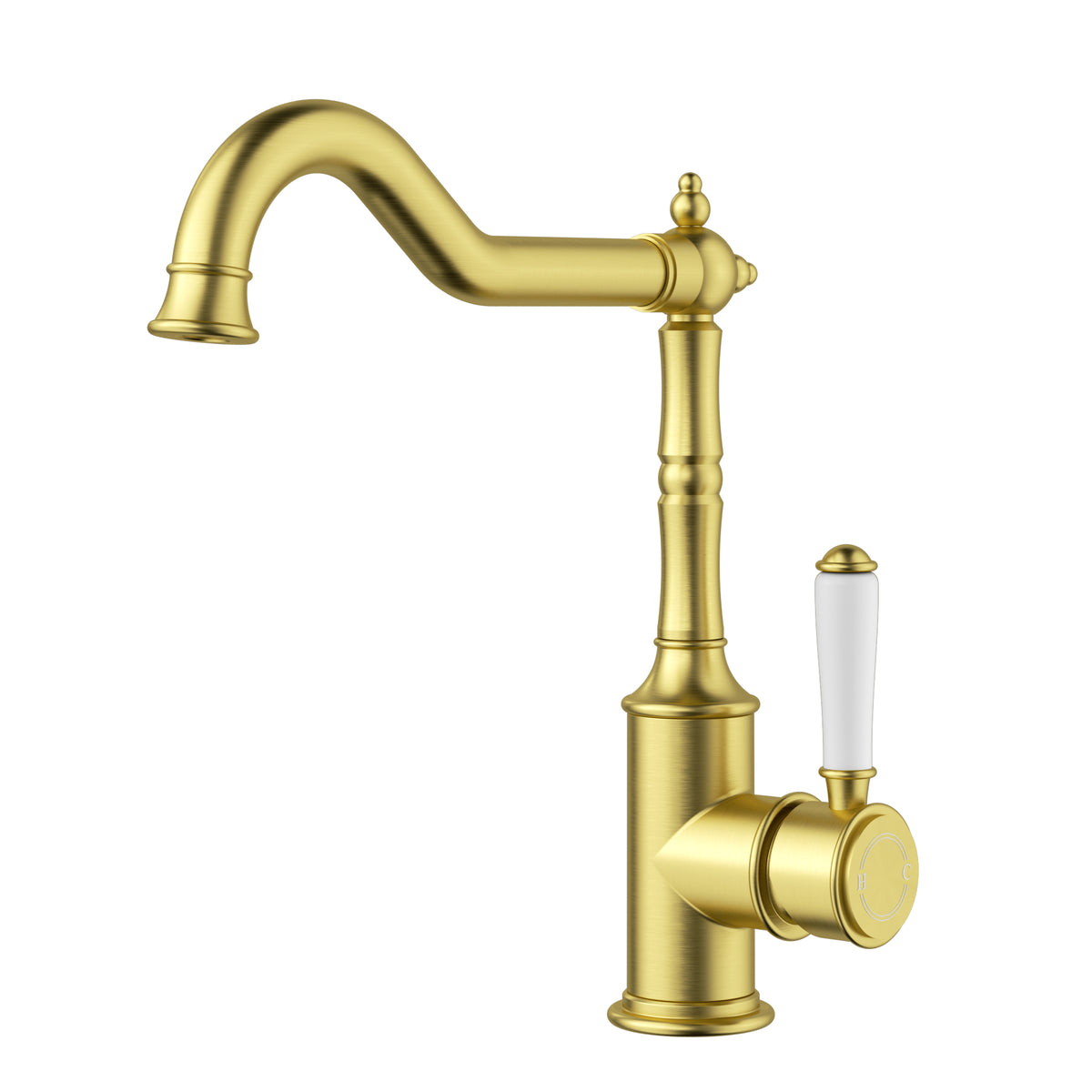Ikon Clasico Sink Mixer Hook Spout with Ceramic Handle in Brushed Gold
