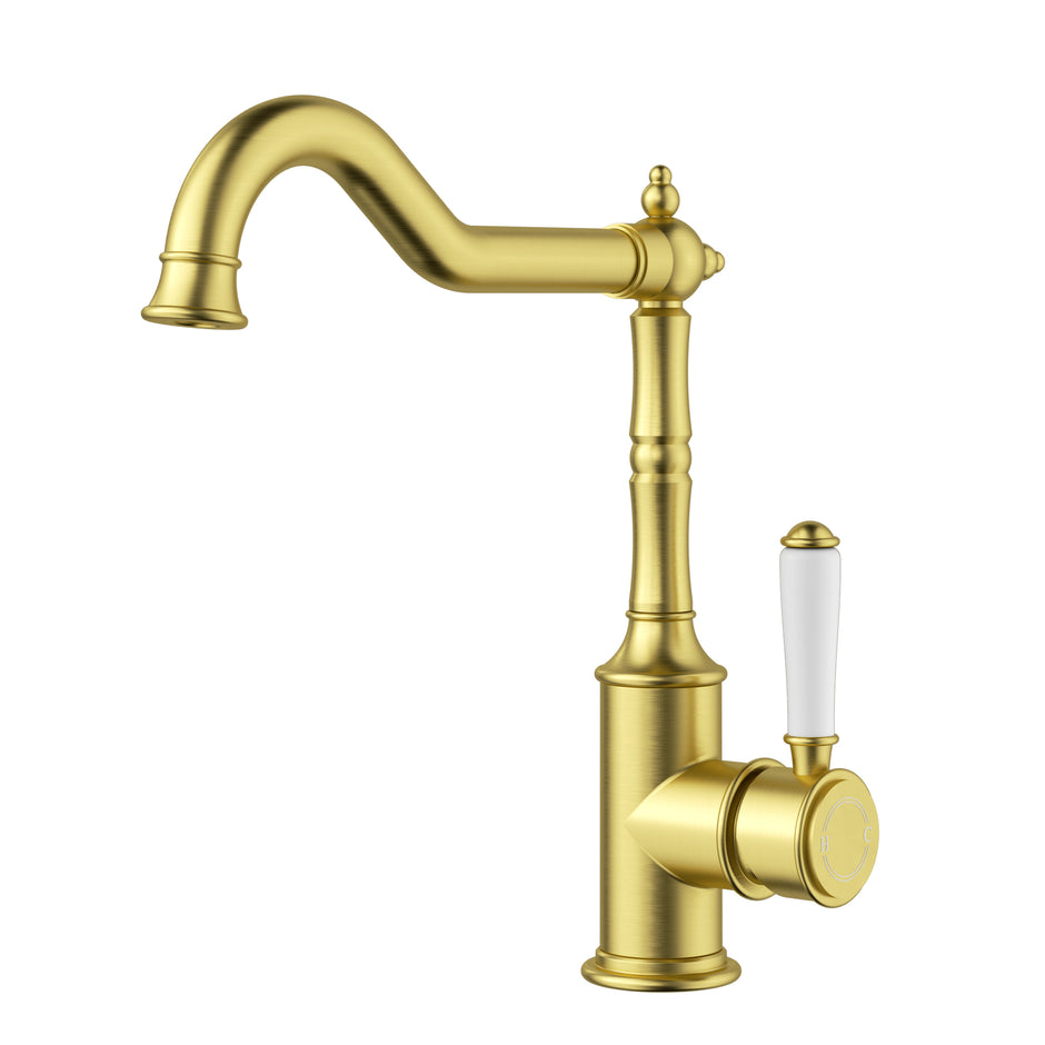 Ikon Clasico Sink Mixer Hook Spout with Ceramic Handle in Brushed Gold
