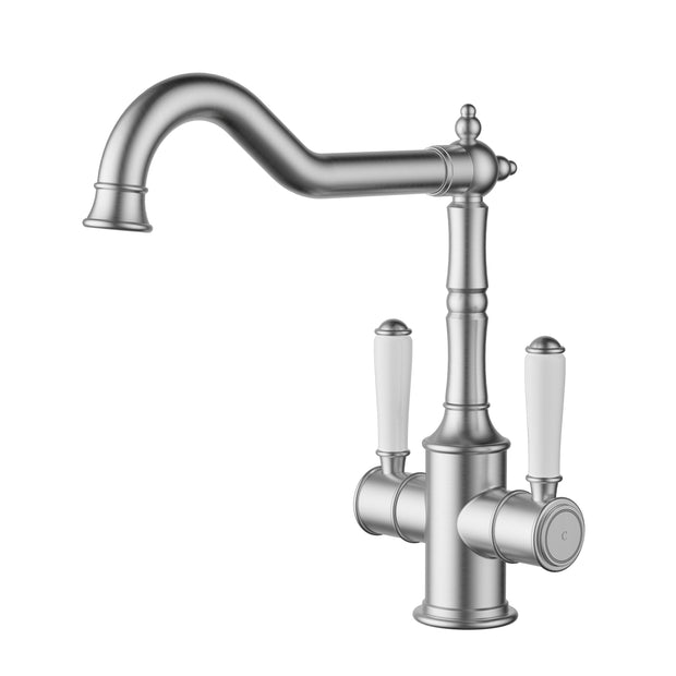 Ikon Clasico Sink Mixer Twin Handle with Ceramic Handle in Brushed Nickel