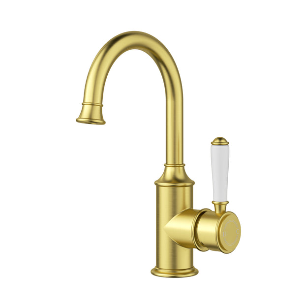 Ikon Clasico Basin Mixer Gooseneck with Ceramic Handle in Brushed Gold