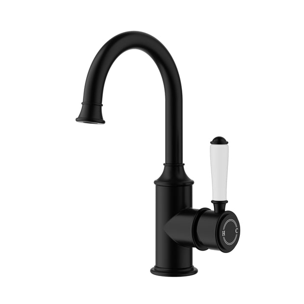 Ikon Clasico Basin Mixer Gooseneck with Ceramic Handle in Matte Black