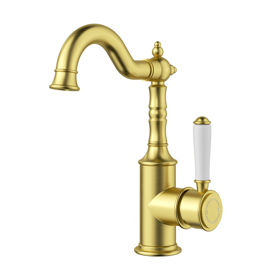 Ikon Clasico Tall Basin Mixer Hook Spout with Ceramic Handle in Brushed Gold