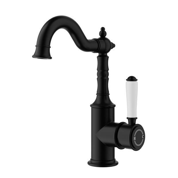 Ikon Clasico Tall Basin Mixer Hook Spout with Ceramic Handle in Matte Black