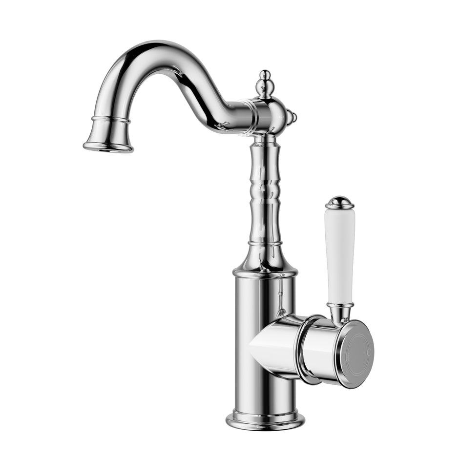 Ikon Clasico Tall Basin Mixer Hook Spout with Ceramic Handle in Chrome