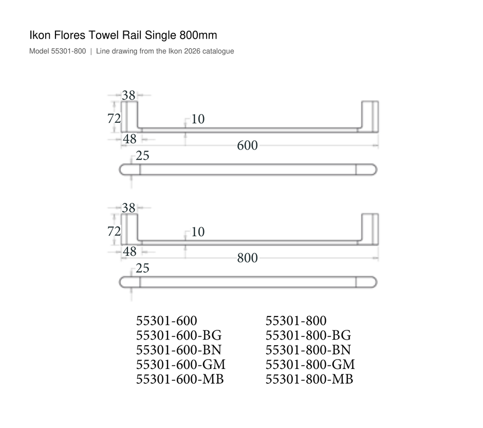 Flores Towel Rail Single 800mm line drawing