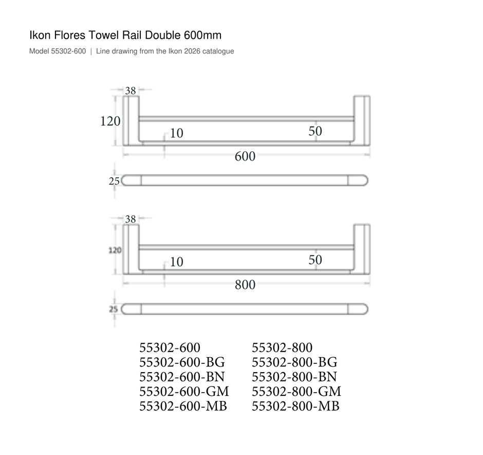 Flores Towel Rail Double 600mm line drawing