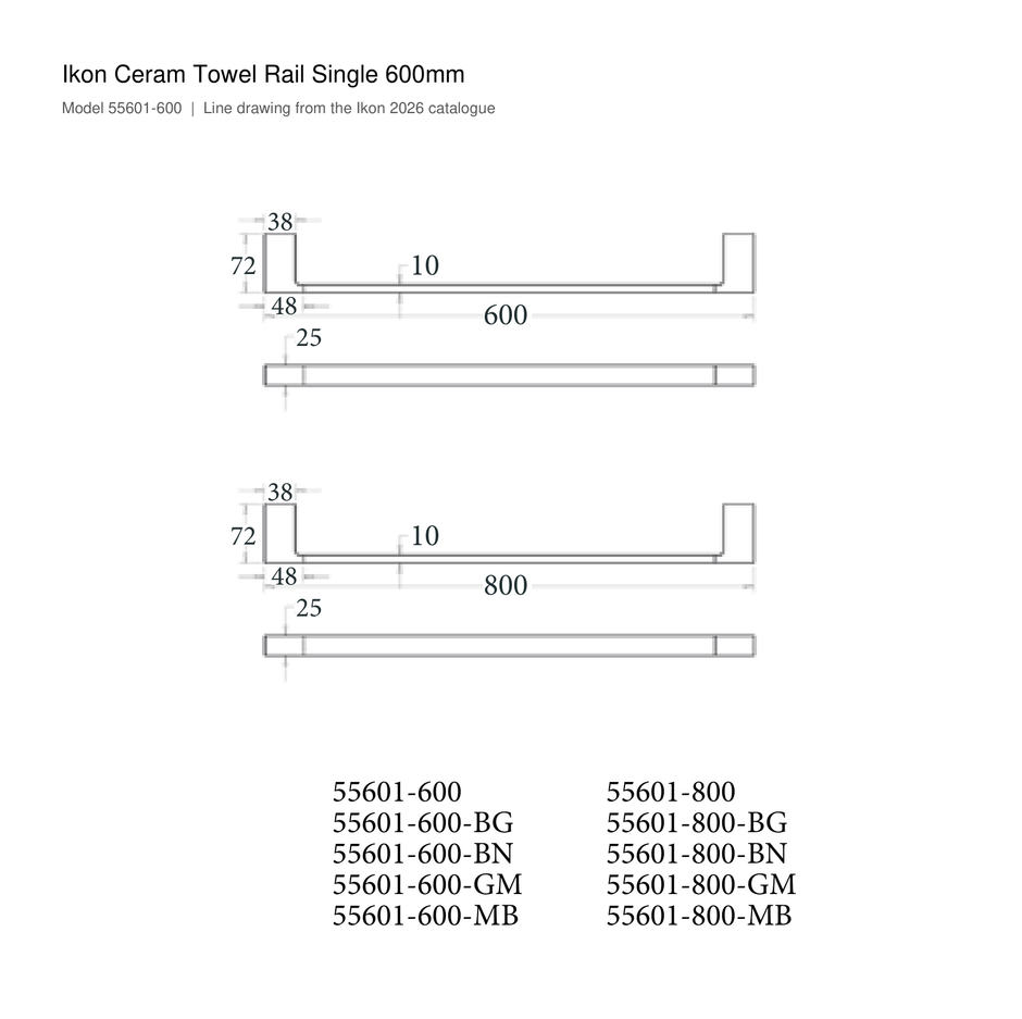 Ceram Towel Rail Single 600mm line drawing