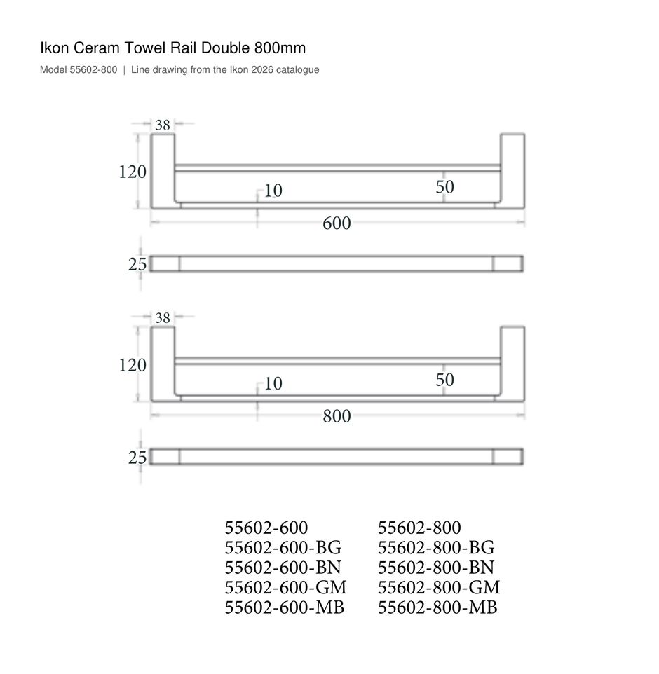 Ceram Towel Rail Double 800mm line drawing