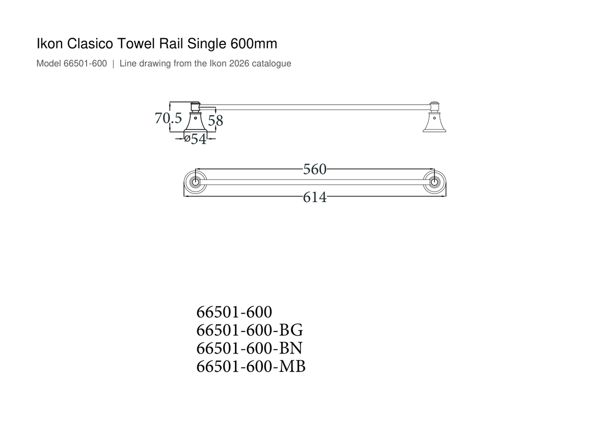 Clasico Towel Rail Single 600mm line drawing