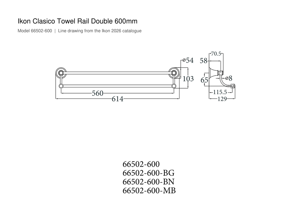 Clasico Towel Rail Double 600mm line drawing
