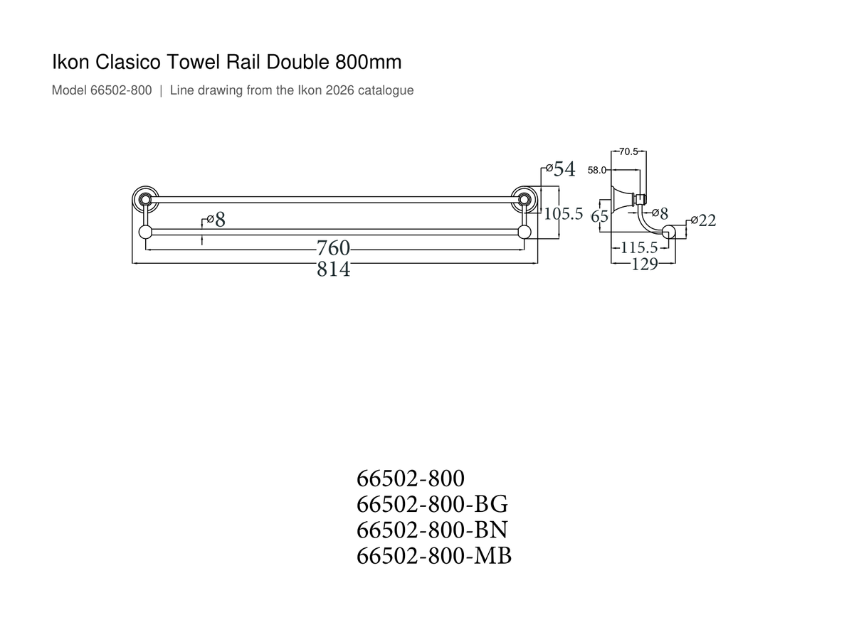 Clasico Towel Rail Double 800mm line drawing