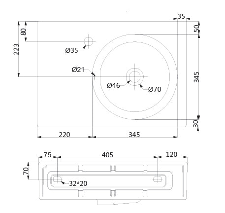 Art Round Wall Hung Basin 565mm Left Hand Shelf line drawing