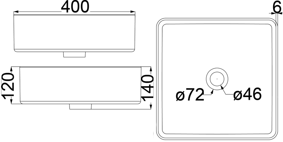 Ultra Thin Square Basin 400mm line drawing