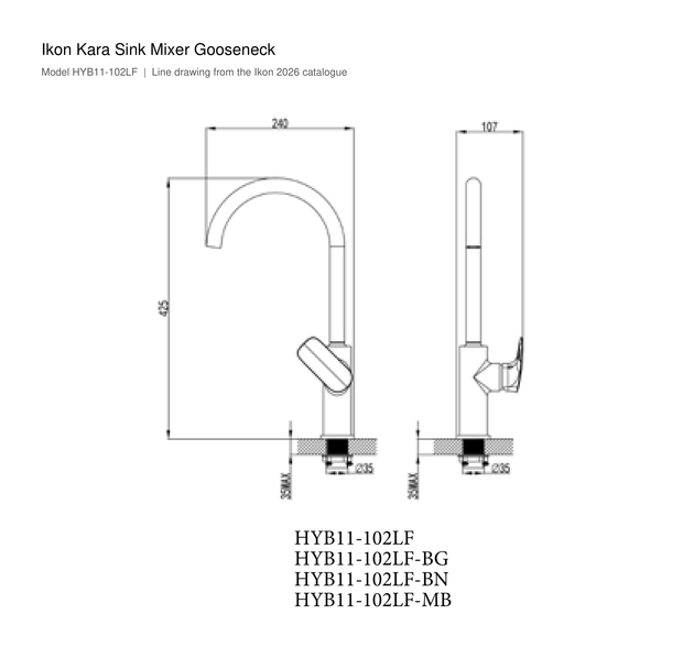 Kara Sink Mixer Gooseneck line drawing