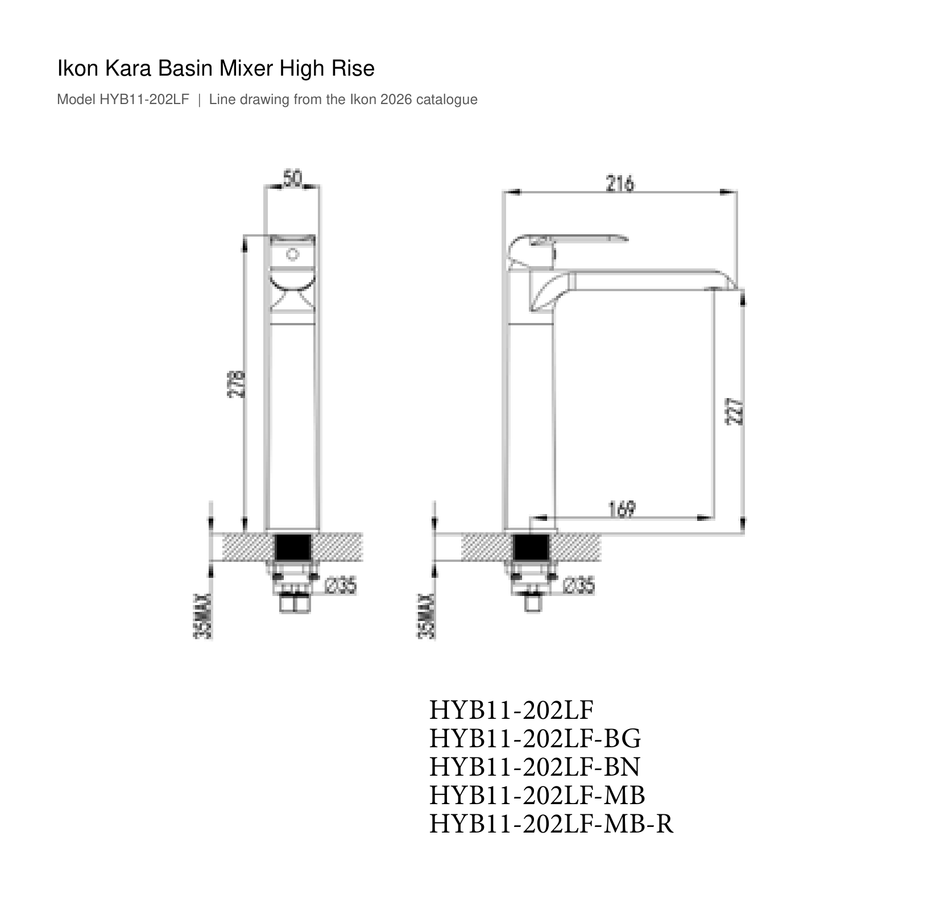 Kara Basin Mixer High Rise line drawing
