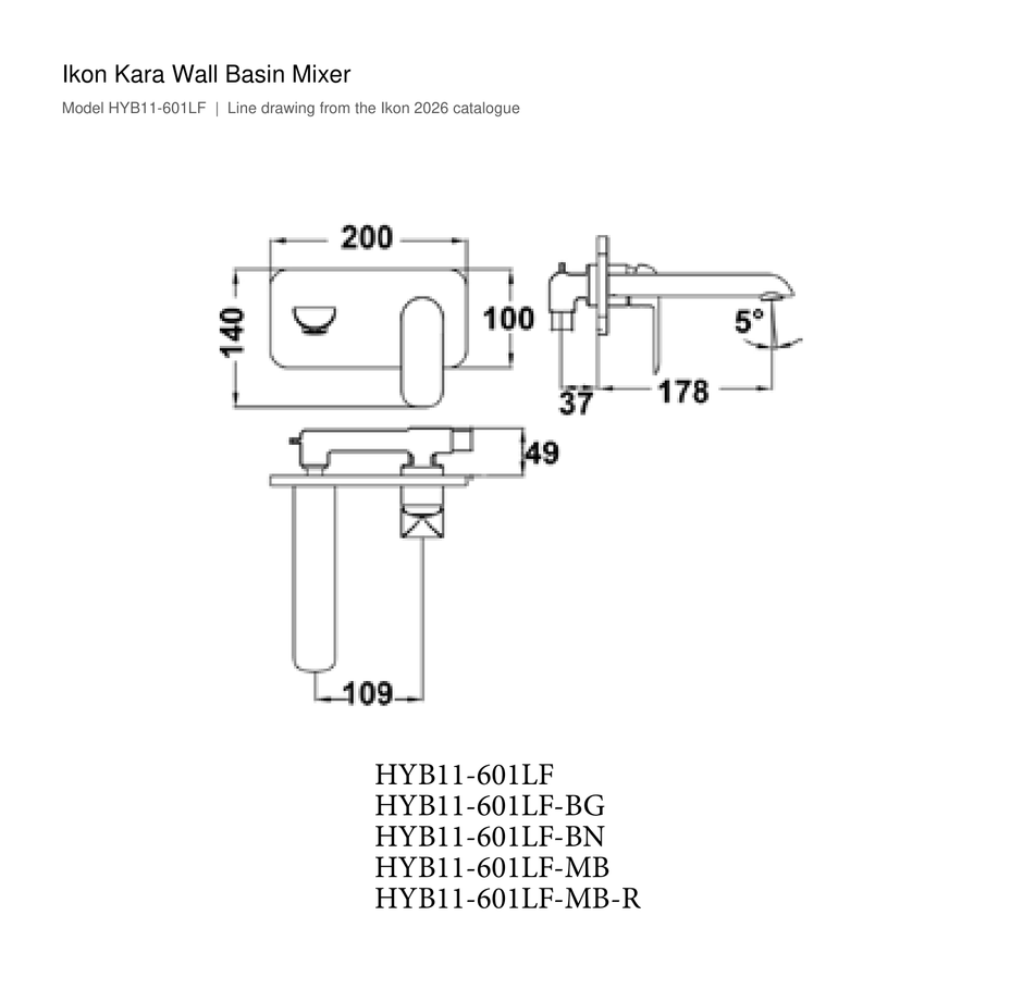 Kara Wall Basin Mixer line drawing