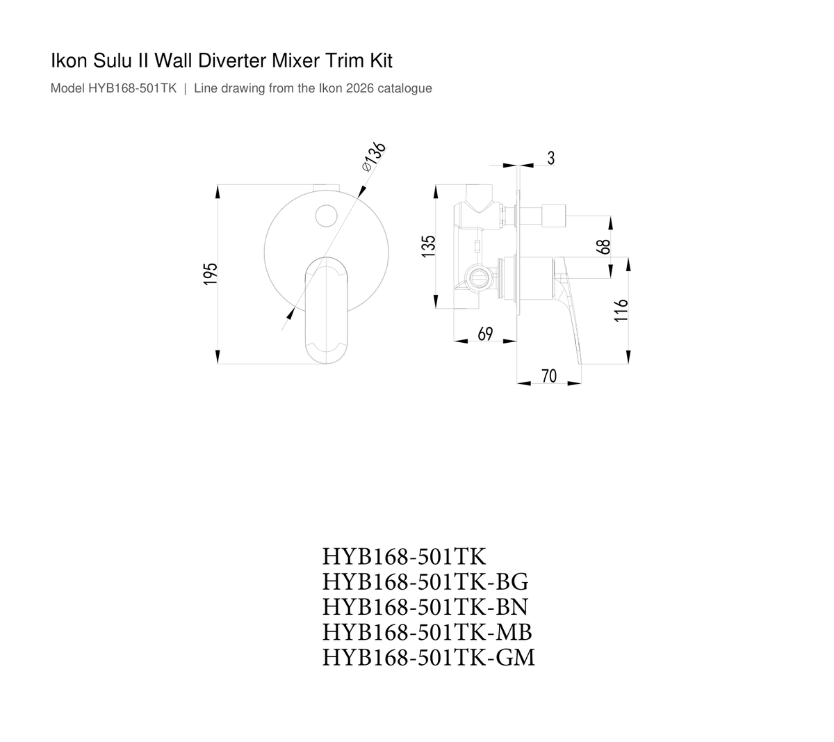 Sulu II Wall Diverter Mixer Trim Kit line drawing
