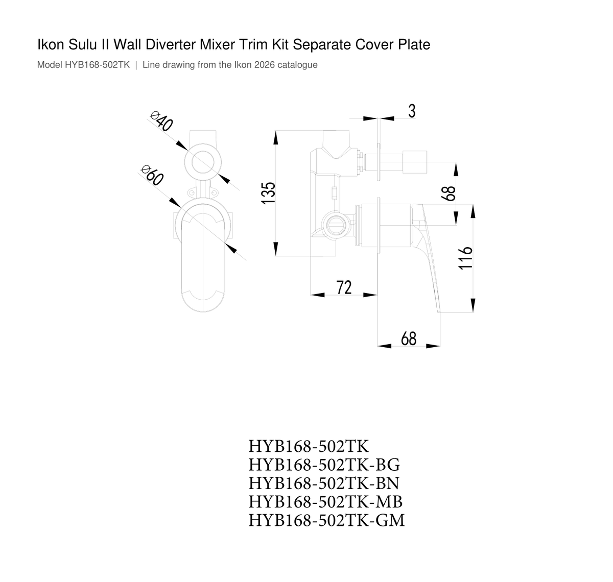 Sulu II Wall Diverter Mixer Trim Kit Separate Cover Plate line drawing