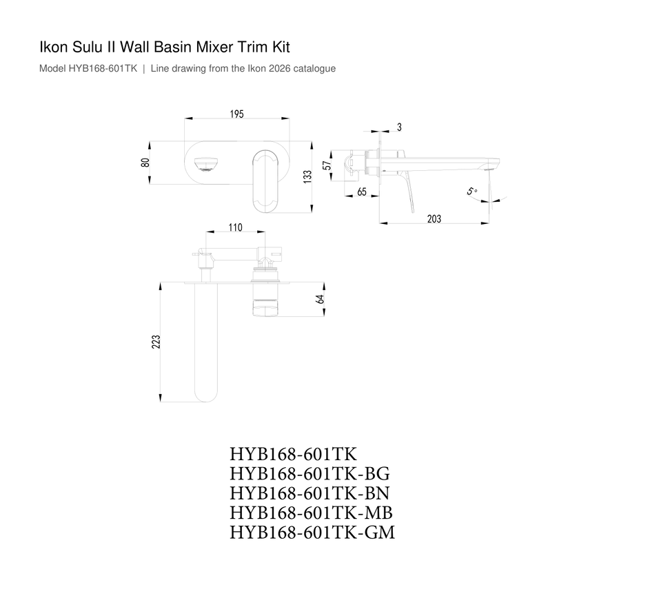 Sulu II Wall Basin Mixer Trim Kit line drawing
