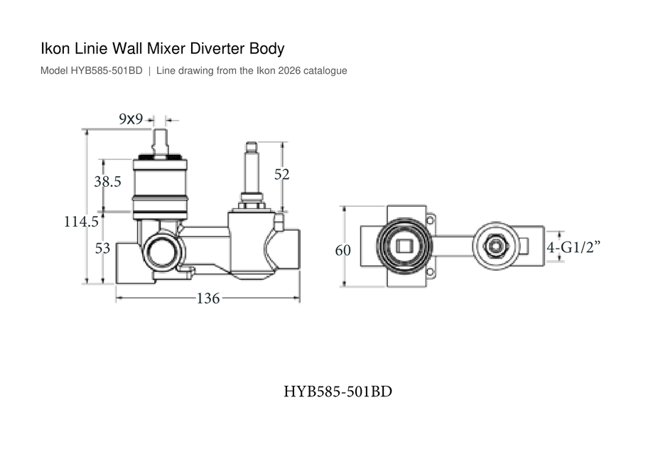 Linie Wall Mixer Diverter Body line drawing