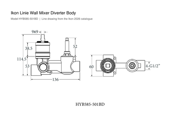Ikon Linie Wall Mixer Diverter Body line drawing