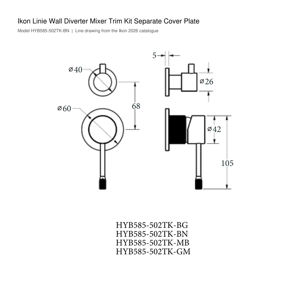 Linie Wall Diverter Mixer Trim Kit Separate Cover Plate line drawing