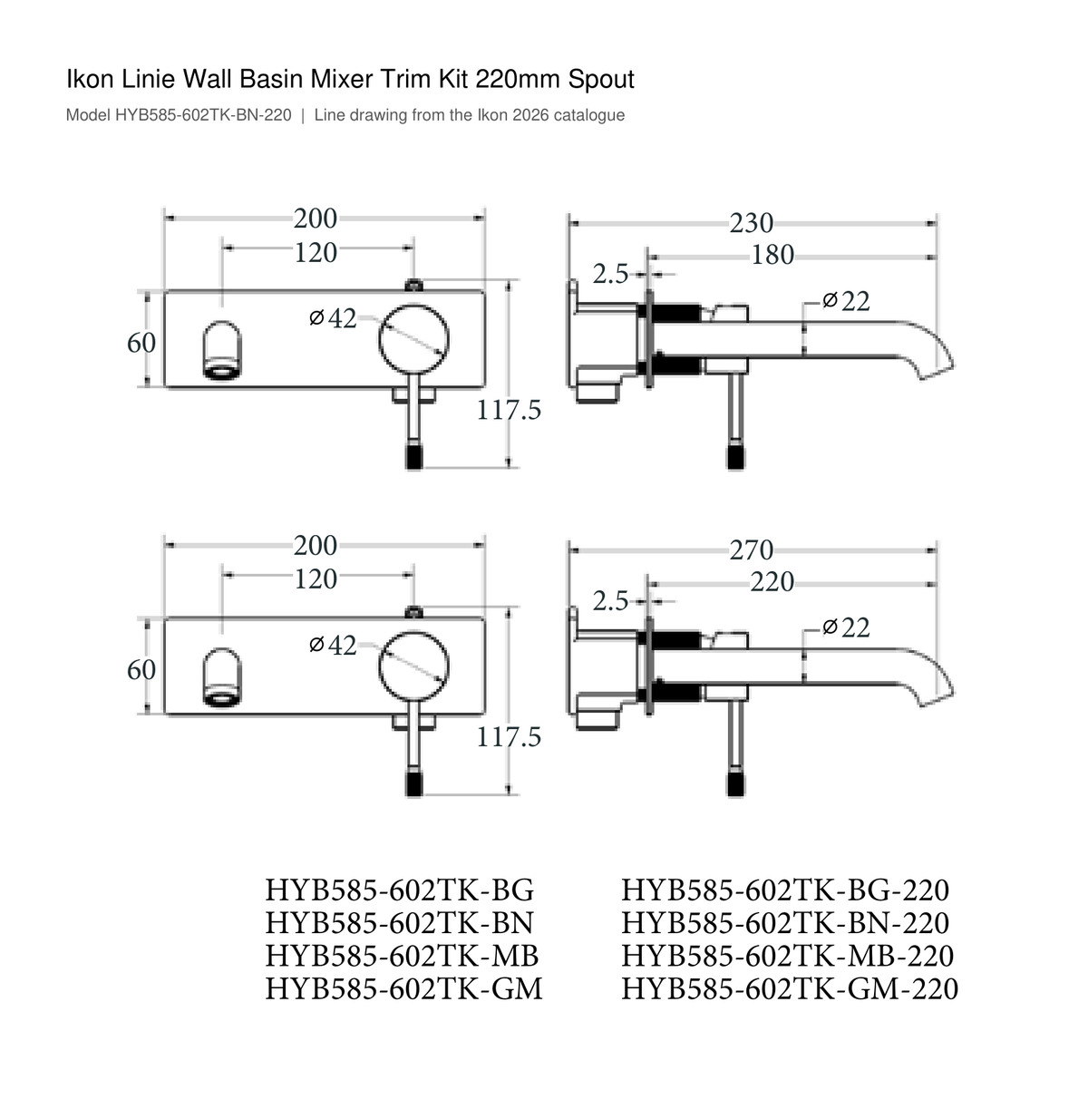 Linie Wall Basin Mixer Trim Kit 220mm Spout line drawing