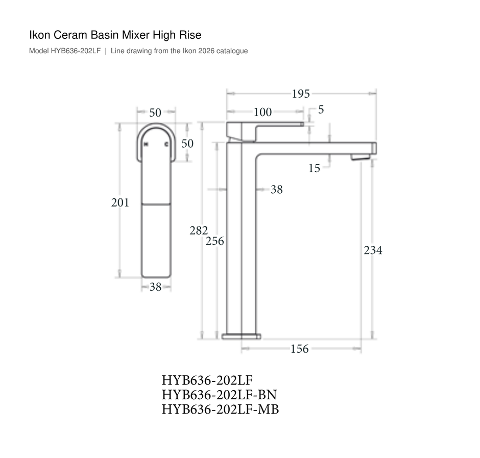 Ceram Basin Mixer High Rise line drawing