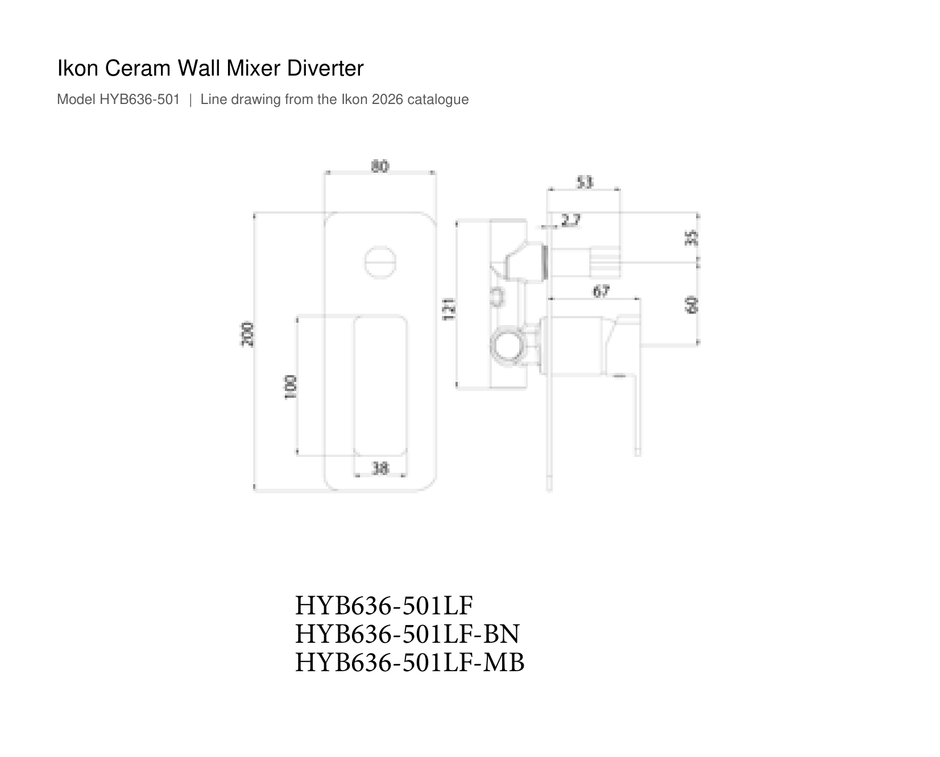 Ceram Wall Mixer Diverter line drawing