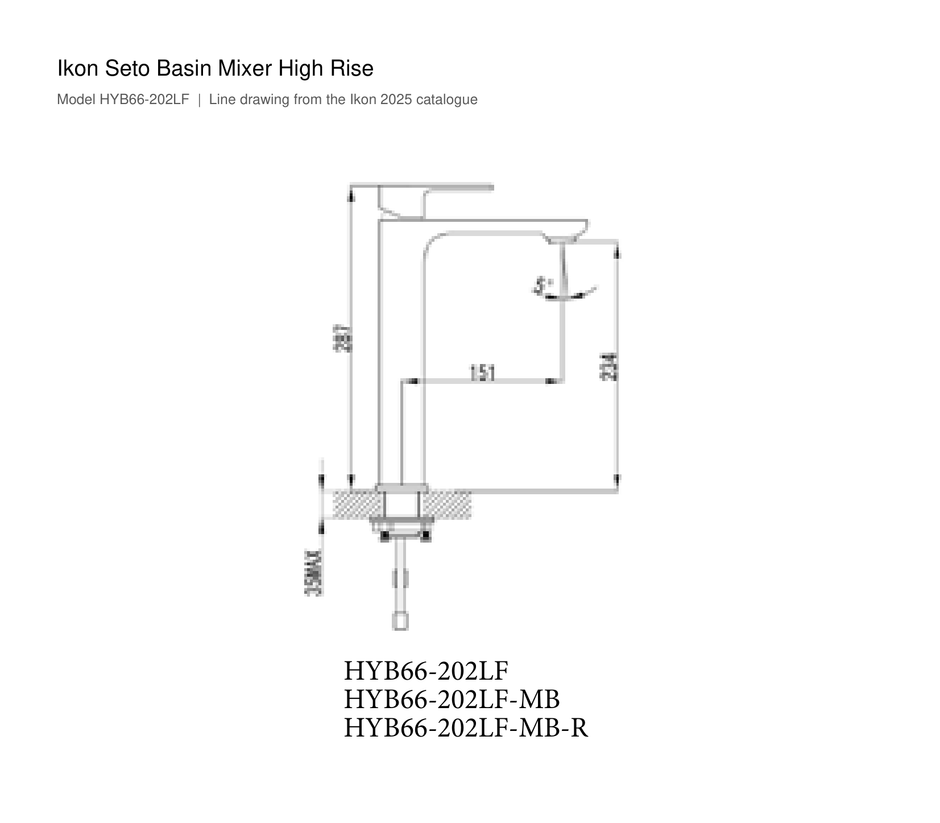 Seto Basin Mixer High Rise line drawing