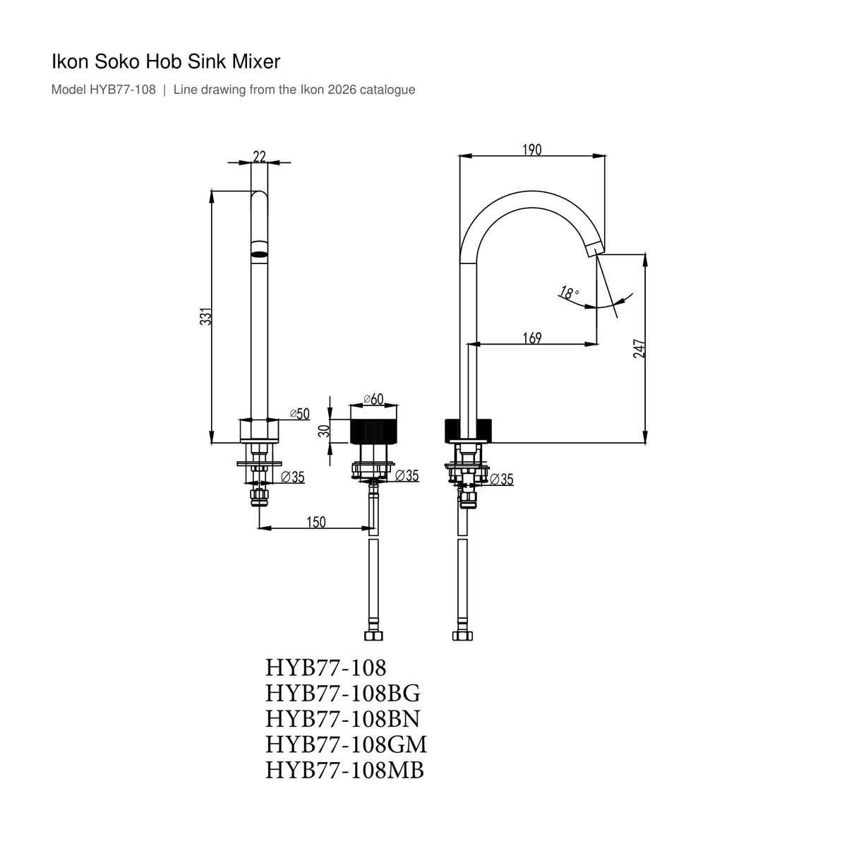 Soko Hob Sink Mixer line drawing