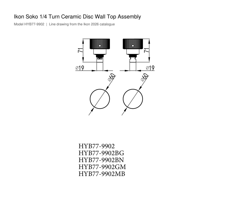 Soko 1/4 Turn Ceramic Disc Wall Top Assembly line drawing