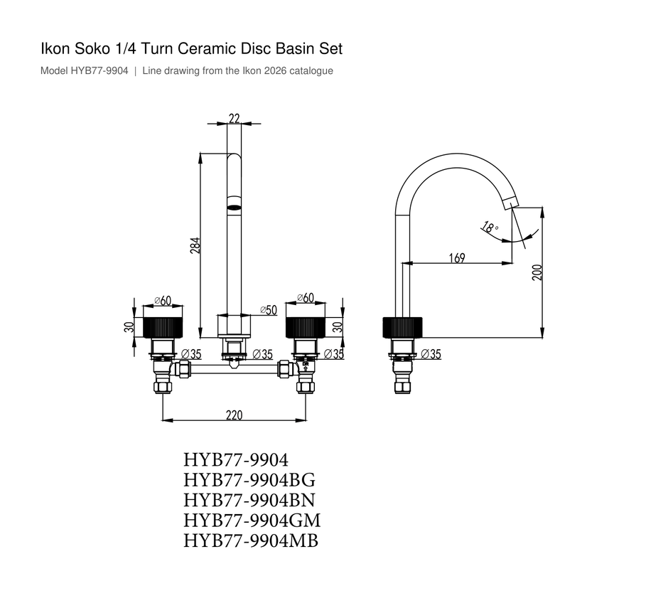 Soko 1/4 Turn Ceramic Disc Basin Set line drawing
