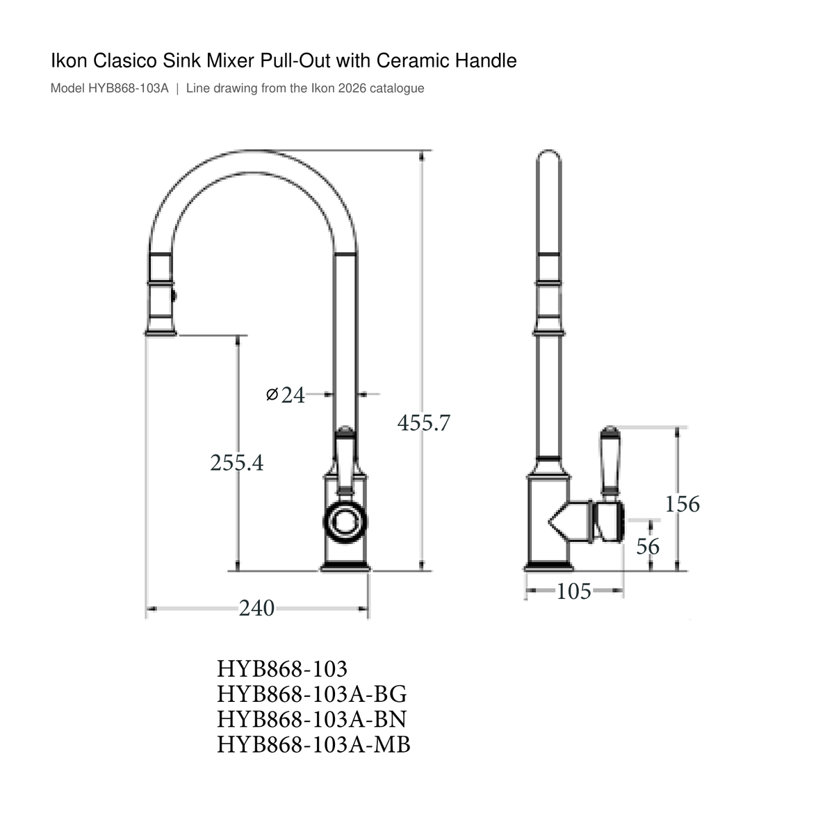 Clasico Sink Mixer Pull-Out with Ceramic Handle line drawing