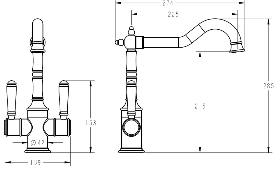 Clasico Sink Mixer Twin Handle with Ceramic Handle line drawing