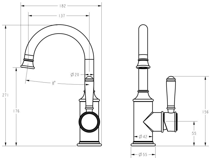 Clasico Basin Mixer Gooseneck with Ceramic Handle line drawing
