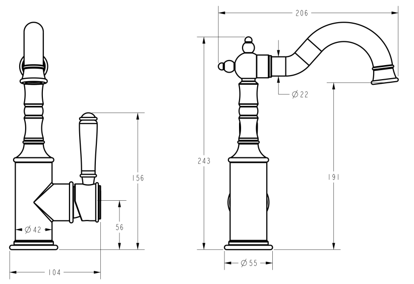 Clasico Tall Basin Mixer Hook Spout with Ceramic Handle line drawing