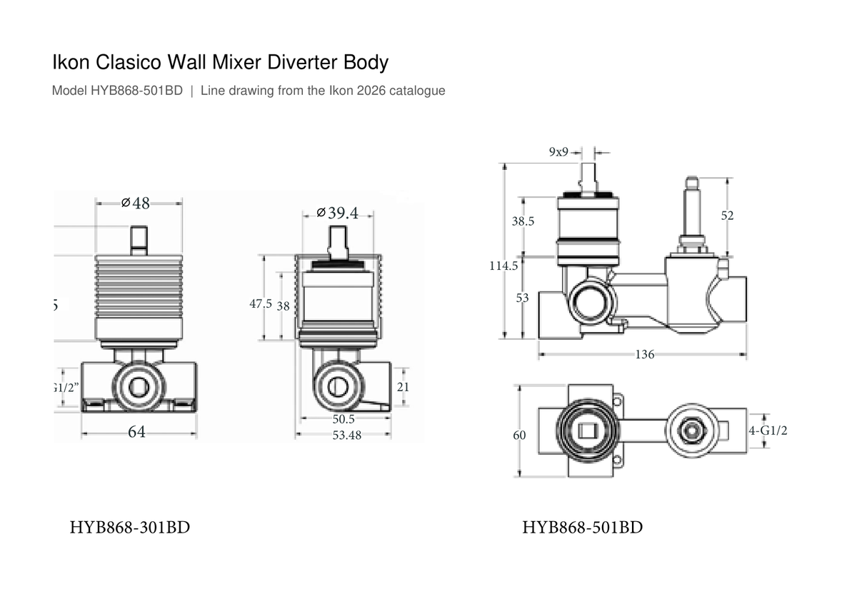 Clasico Wall Mixer Diverter Body line drawing
