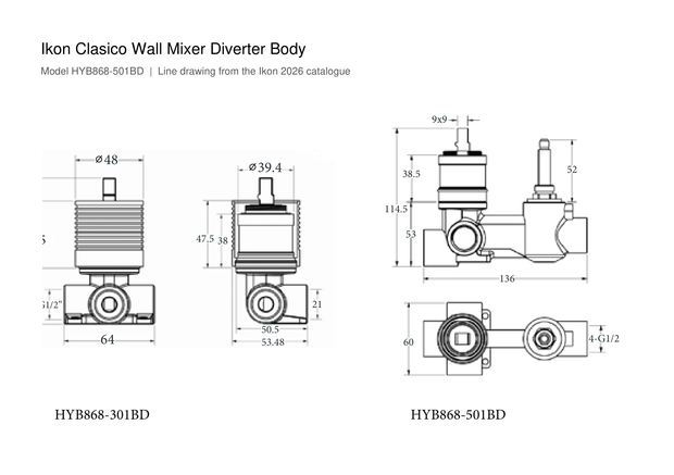 Clasico Wall Mixer Diverter Body line drawing