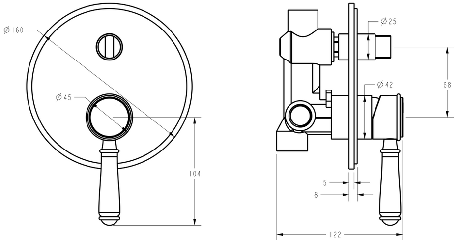 Clasico Wall Mixer Diverter Trim Kit line drawing